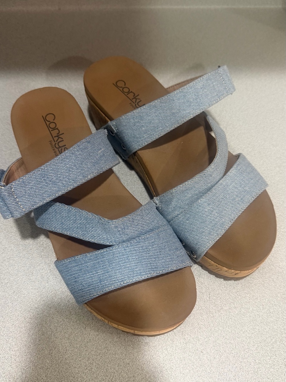 Corkys Light Blue Denim Crisscross Slide Sandals